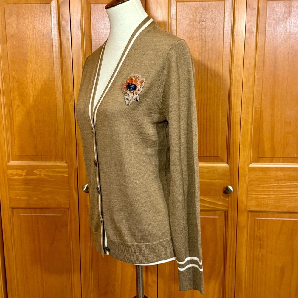 J Crew V Neck Cardigan Sweater with Floral Embellished Jewel Patch